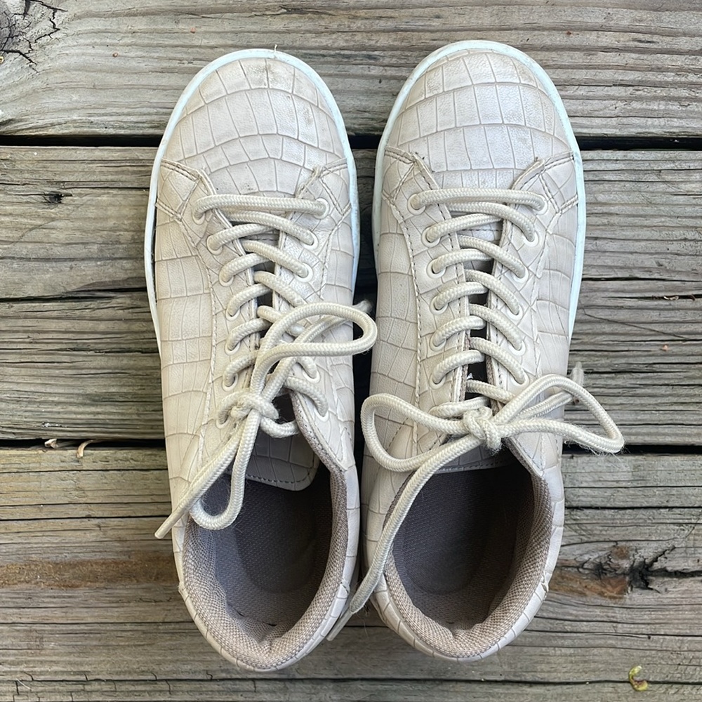 Cream Faux Leather Snakeskin Print Platform Sneakers